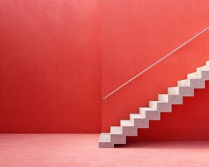 Poster - Minimalist Concrete Staircase with Metal Handrail Against Bold Red Wall for Modern Architecture and Urban Commercial Design Trends