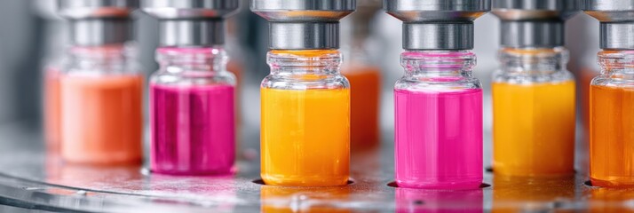 Poster - Advanced robotic arms handling colorful vials in pharmaceutical bioreactor for automated medicine production with digital control panels and glass containers