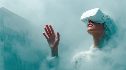 Poster - Futuristic Social Robot Wearing VR Headset Immersed in Virtual Reality Space with Digital Avatars - Next-Gen Metaverse Experience for Tech Lifestyle