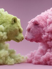 Aufkleber - Vibrant Plush Bear and Bull Face-Off in Colorful Clouded Battle Scene Modern Investment Conflict Concept for Editorial and Branding Use