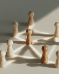 Aufkleber - Strategic Alliance Network with Wooden Figurines Connected by Illuminated Lines on Board Representing Human Capital and Corporate Ecosystem Trends