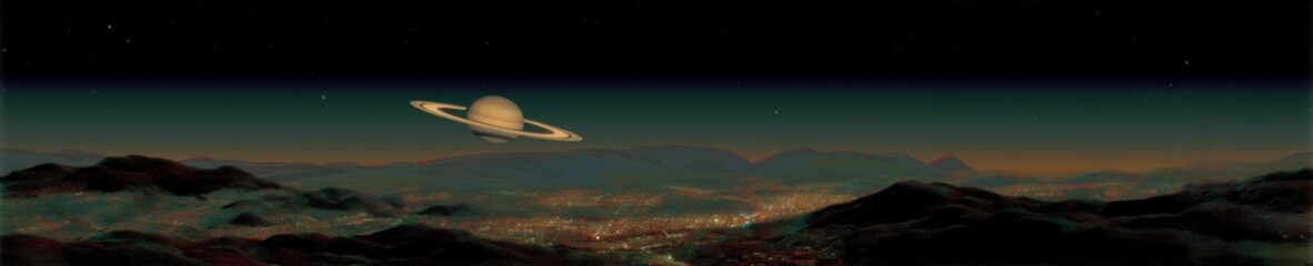 Poster - Saturn with Prominent Rings Above Cosmic Landscape Featuring Swirling Gas Patterns and Stars Astronomy Education and Space Exploration Visualization