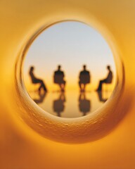 Aufkleber - Silhouetted Business Professionals in Roundtable Meeting Through Circular Frame with Warm Lighting - Executive Strategy and Confidential Discussion Concept