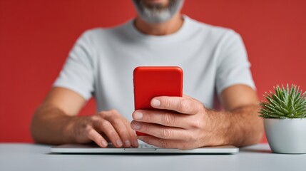 Fototapete - Modern professional multitasking with smartphone and laptop on clean desk space, vibrant colors highlighting digital productivity and cybersecurity focus