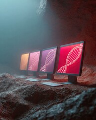 Poster - Futuristic Precision Therapy Genomic Analysis with DNA Helix on Multiple Monitors in Advanced Biotechnology Lab Environment