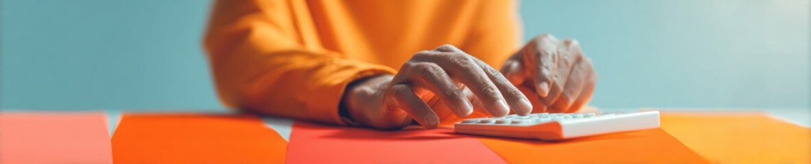 Fototapete - Modern Asian Businesswoman Using Calculator for Accurate Payroll and Financial Analysis in Vibrant Office Workspace Tech-Driven Precision and Focused Productivity