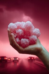 Poster - Dramatic Urban Hailstorm Concept with Large Ice Pellets in Hand Against Stormy Red Sky for Climate Awareness and Weather Safety Campaigns