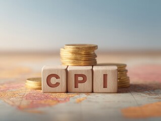 Aufkleber - CPI Wooden Blocks and Gold Coins on World Map Representing Global Inflation and Consumer Price Index for Financial and Economic Insights