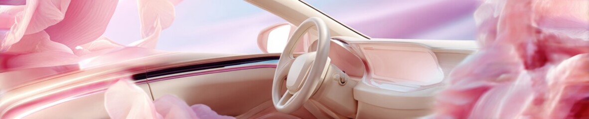 Poster - Sleek AR Navigation Dashboard and Steering Wheel with Digital Interface Panels Showcasing Advanced Connected Vehicle Tech for Autonomous Driving Innovation