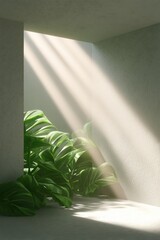 Aufkleber - Sunlit Green Plants in Minimalist Indoor Space with Textured Walls - Sustainable Biophilic Design and Calm Modern Lifestyle Ambiance