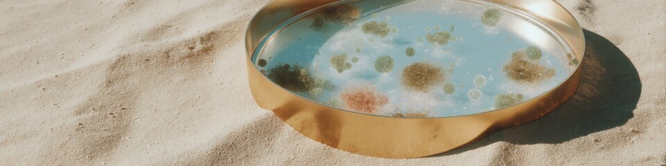 Aufkleber - Futuristic Petri Dish with Segmented Sections Showing Bacterial Colonies and Viral Particles for Scientific Research and Epidemiology Visualization