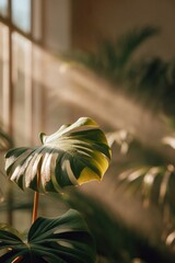 Poster - Ultra-realistic tropical plant leaf with sharp details illuminated by natural sunlight in a lush green garden setting for eco and wellness branding