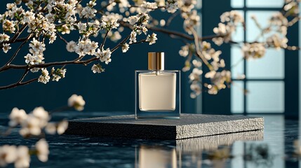 Wall Mural - floating dark stone slab with a cream perfume bottle, subtle gradient background with floral pattern and soft sparkle of early morning light