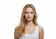 © Dani - Portrait of a young blonde woman with natural makeup and white tank top, posing against a white background, looking confidently at camera.