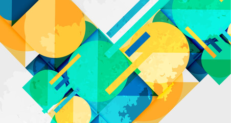 Aufkleber - Abstract geometric composition. Overlapping shapes, circles, rectangles create dynamic visual texture. Bright colors dominate design.