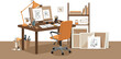 © DesignVectX - Designer workspace with sketches, brown chair, desk lamp, and art supplies in creative studio environment