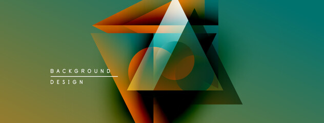 Leinwandbilder - Abstract geometric shapes overlap, creating vibrant gradient background. Design features triangles, circles, warm cool tones.