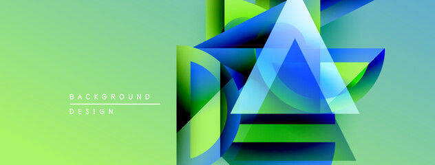 Fototapete - Abstract geometric shapes overlap, creating vibrant layered design. Green background complements blue, yellow hues. Modern visual composition.