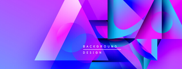 Poster - Abstract vibrant background. Geometric shapes overlap, creating dynamic visual effect. Purple, blue hues dominate composition. Modern design element.