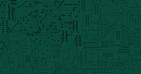 Wall Mural - thin circuit trace lines in black on a dark green technology background. abstract digital tech bg. e