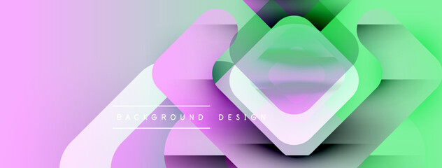 Fototapete - Abstract geometric shapes overlap. Soft gradients create vibrant, modern background. Light purple, green hues dominate composition.