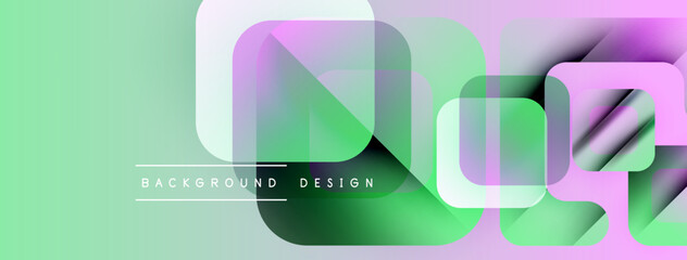 Fototapete - Abstract geometric shapes overlap, creating vibrant green, purple gradients. Modern design element for backgrounds, presentations.