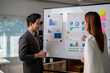© Apichat - A man and a woman are standing in front of a white board with graphs and charts