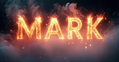 Aufkleber - Fiery text spelling MARK against dark background. Smoke swirls around glowing letters, creating dramatic effect. Intense, vibrant imagery.