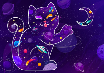 Wall Mural - Galaxy space cat touching moon with paw in starry night sky, vector cartoon background. Galaxy space rockets, stars and alien UFO with funny cat in line silhouette reaching out for crescent moon