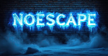 Aufkleber - Bright neon text spells NOESCAPE against brick wall. Fog surrounds base, creating dramatic, icy effect. Dark background enhances glow.