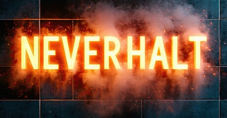 Aufkleber - Bright neon text spells NEVER HALT against dark brick wall. Sparks, smoke create dramatic effect. Intense, powerful imagery.