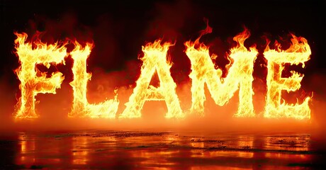 Aufkleber - Fiery text spells FLAME. Bright orange, yellow flames engulf letters. Dark background enhances visual impact, reflection visible below.