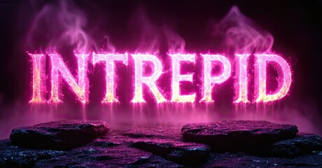 Aufkleber - Bright pink INTREPID text glows above dark rocky surface. Smoke rises, creating dramatic presentation. Bold typography dominates scene.