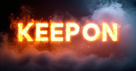 Aufkleber - Bright text reads KEEPON against dark background. Fiery orange, cool blue smoke surrounds letters. Dramatic lighting creates intense visual impact.