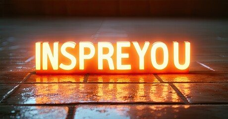 Aufkleber - Bright neon sign spells INSPIREYOU over wet wooden planks. Dramatic lighting creates strong contrast, warm tones dominate image.