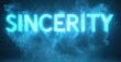 © antishock - Bright text spells sincerity. Blue smoke swirls around luminous lettering. Dark background enhances vibrant glow, creating dramatic effect.