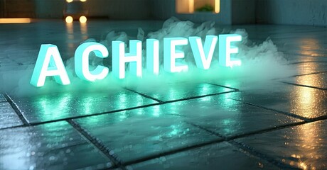 Aufkleber - Bright neon text spells ACHIEVE over wet tiled floor. Fog creates dramatic lighting, suggesting success, ambition, motivation.