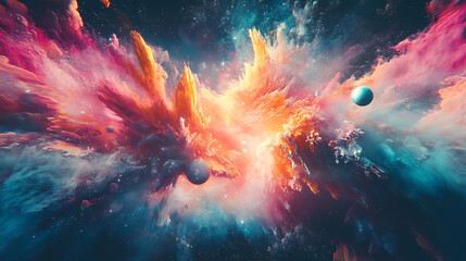 Wall Mural - cosmic nebula of swirling dust with planetary bodies fantasy artwork displaying a vivid and explosiv