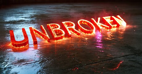 Aufkleber - Bright red UNBROKEN lettering rests upon wet pavement. Dramatic lighting creates intense glow, shadows. Dark background emphasizes words impact.