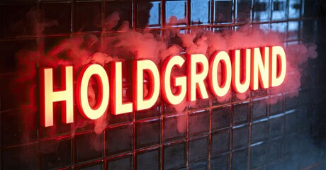 Aufkleber - Bright neon sign spells HOLDGROUND. Red glow illuminates tiled wall, smoke adds dramatic effect. Dark background emphasizes text.