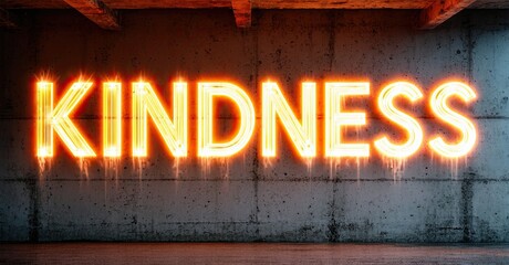 Aufkleber - Bright neon sign spells kindness against textured concrete wall. Dramatic lighting creates strong visual impact. Simple, powerful message.