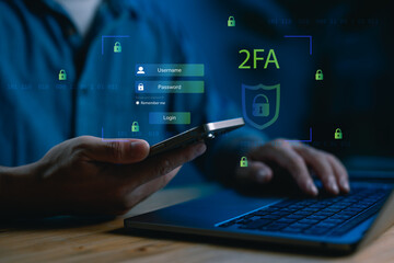 Leinwandbilder - Cybersecurity and two-factor authentication (2FA) concept. A user logging in on a laptop with secure verification via mobile device, online privacy, data protection, and secure login systems.