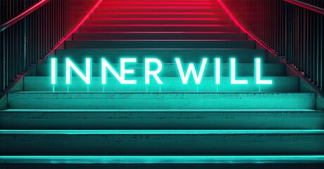 Aufkleber - Stairs illuminated with vibrant neon lights. Text INNER WILL glows prominently, creating dramatic visual impact. Dark background enhances luminosity.