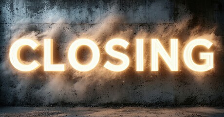 Aufkleber - Concrete wall displays illuminated CLOSING text. Dramatic lighting creates intense visual impact. Dust particles enhance gritty texture.