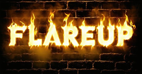 Aufkleber - Fiery text spelling FLAREUP against brick wall. Intense flames surround letters, creating dramatic visual effect. Dark background emphasizes brightness.