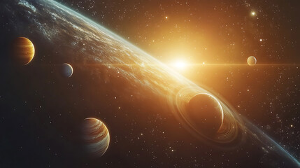 Wall Mural - cosmic symphony of planets orbiting a glowing star in deep space artistic visualization