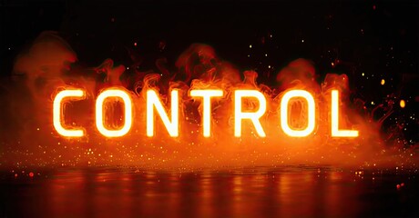 Aufkleber - Bright neon text spells CONTROL against dark background. Sparks, smoke create dramatic fiery effect. Intense illumination dominates composition.