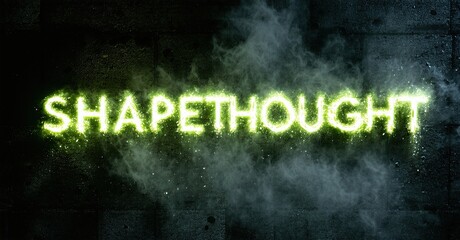 Poster - Bright neon text SHAPETHOUGHT glows against dark textured wall. Smoke or fog adds dramatic effect. Minimalist design.