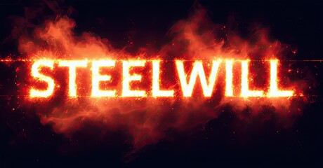 Aufkleber - Fiery text spells STEELWILL. Dramatic lighting, intense colors create powerful visual impact. Background features smoke, embers.
