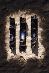 Wall Mural - Dark, textured wooden planks on sand